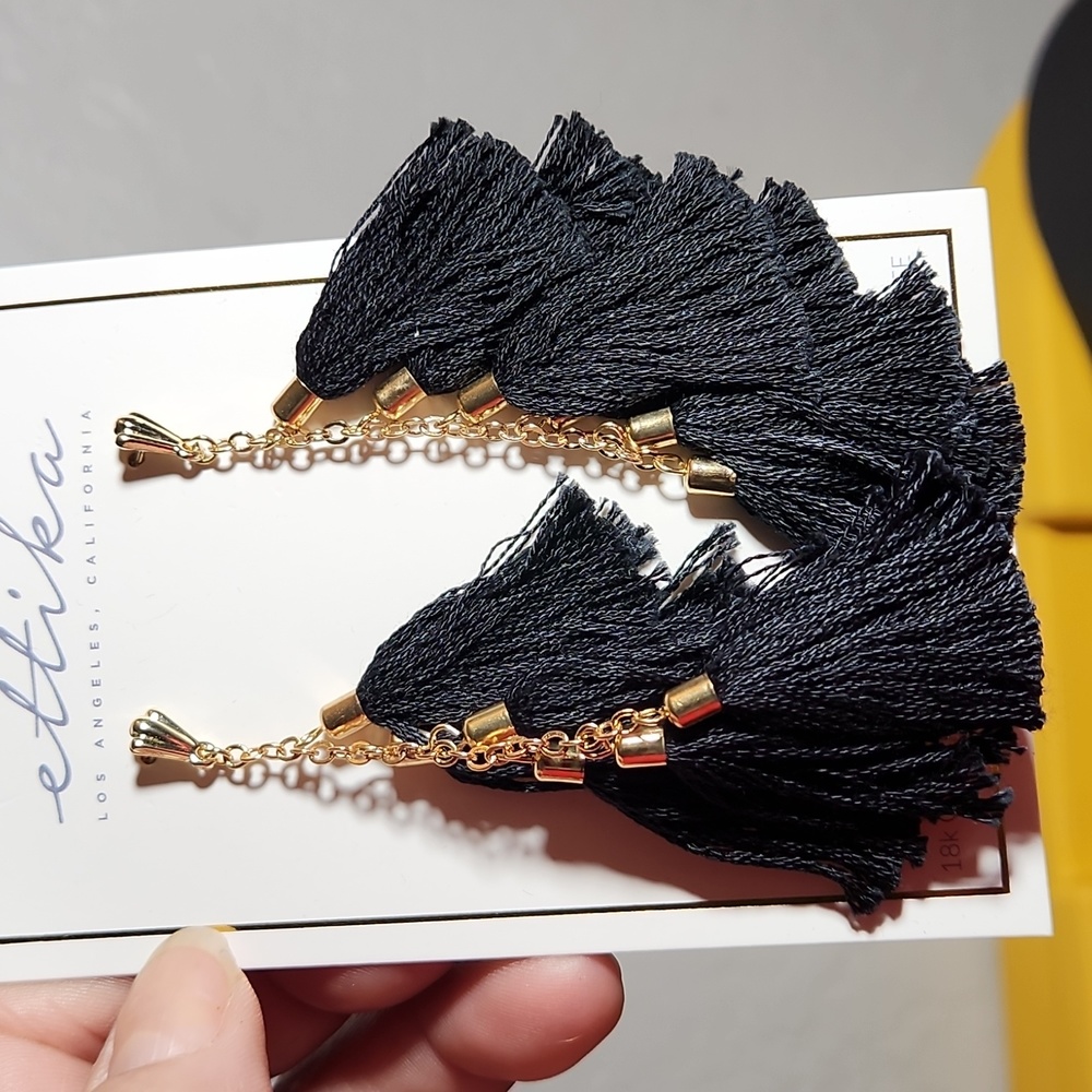 Ettika 18K Gold Plated Tassel Post Dangle Earrings Bohemian Boho Black Gold Tone